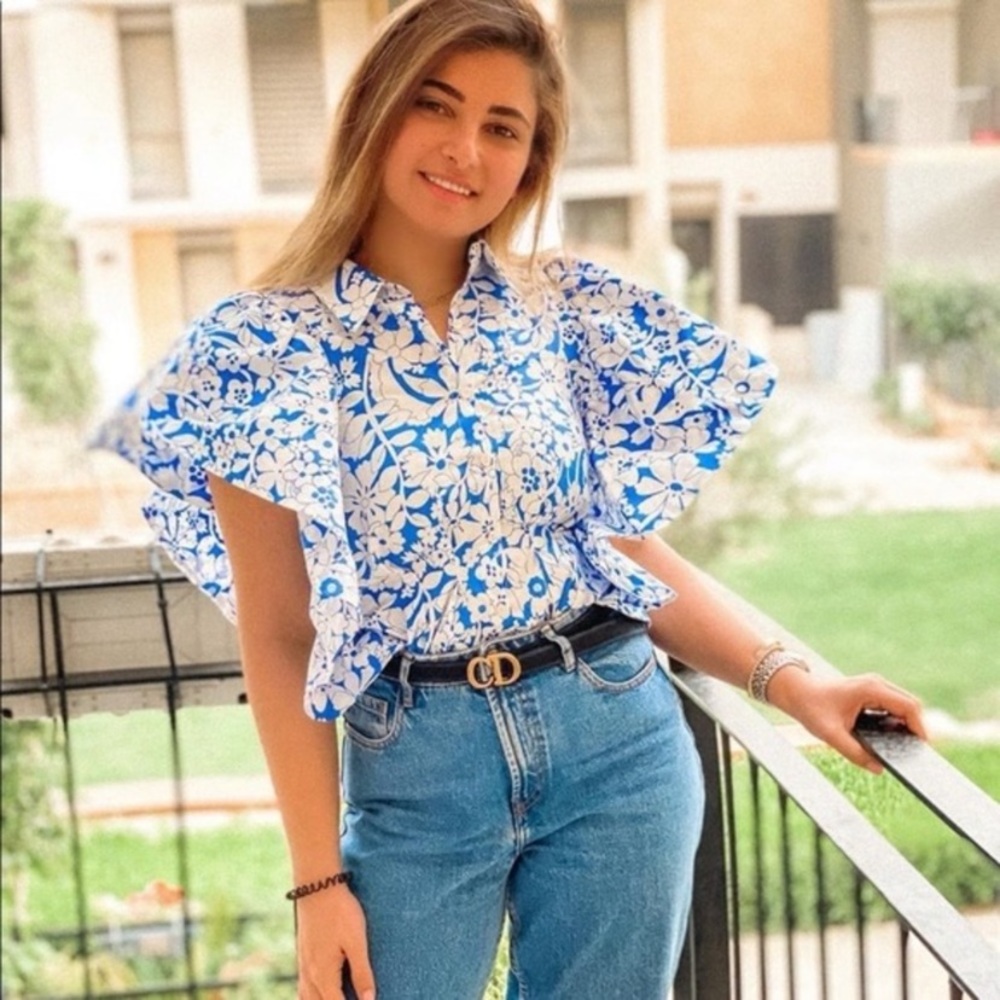 Zara Royal Floral Ruffle Poplin Top